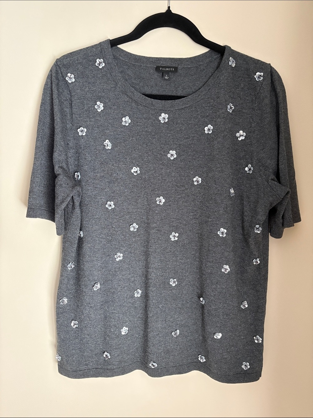 Talbots Charcoal Gray Short-Sleeve Tee with Sequin Flower Accents